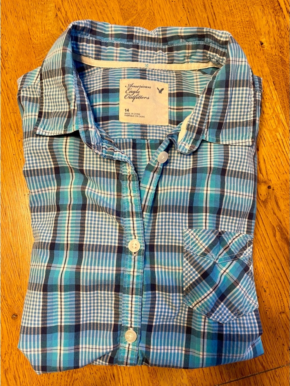 American Eagle Outfitters Teen Teal and Navy Plaid Button-Down Shirt